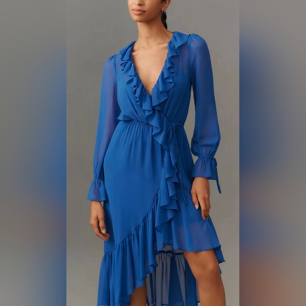 Anthropologie Ruffled Asymmetric Long Sleeve Blue Midi Dress - Picture 2 of 4